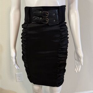 Elegant Black Ruched Pencil Skirt with double belt buckle. NWOT